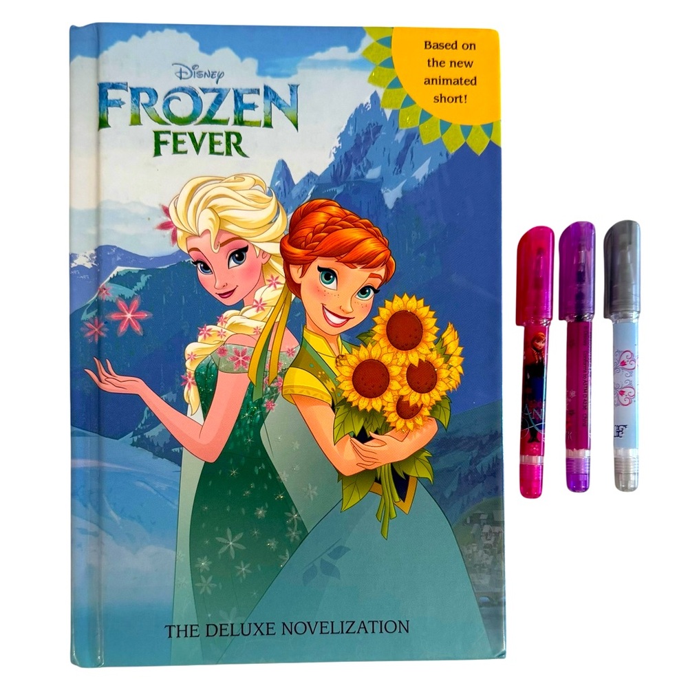 Disney Frozen Fever Elsa & Anna hardback book & 3 mini Frozen colored pens